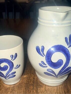 VINTAGE Hand-Painted Blue Scroll Small Ceramic Pitcher and Cup Set